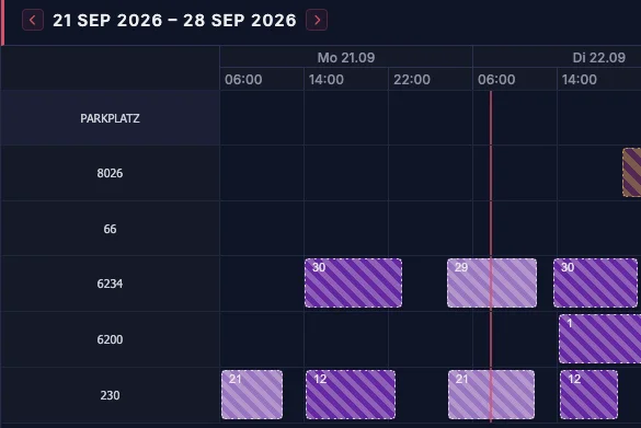 starkcenter Schichtplan, Woche 21. bis 28. September 2026: Zeilen je Fahrzeug, darin die Schichten mit der Personalnummer des Fahrers
